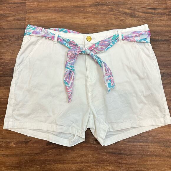 Stella Parker Pants - Stella Parker White Shorts Pink Blue Scarf Tie Belted Waist 14 Golf Tennis